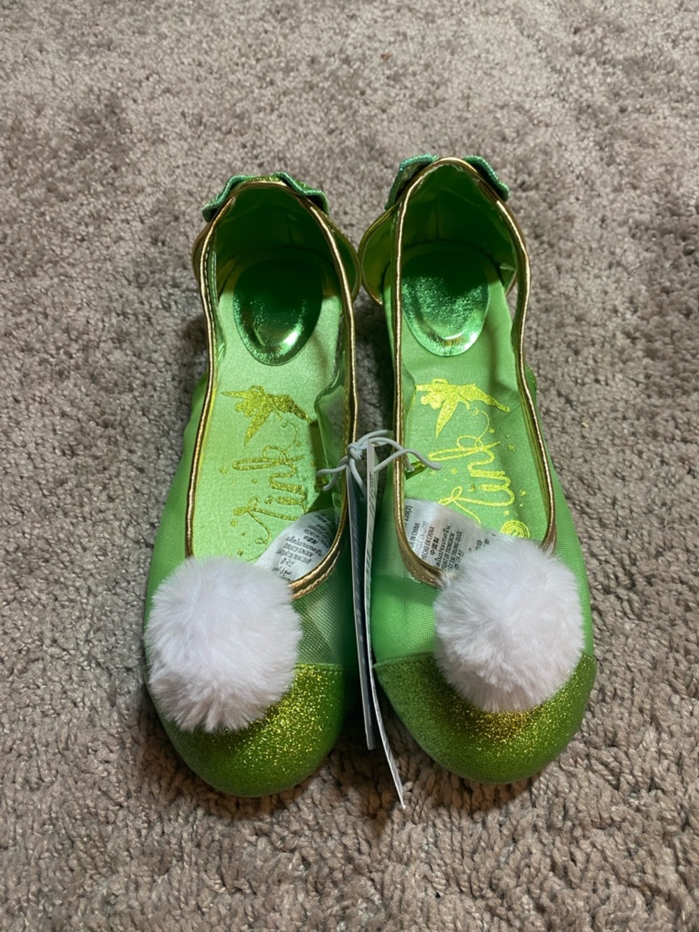 NWT Disney Tinker Bell Green Glitter Ballet Flats with White Pom-Pom